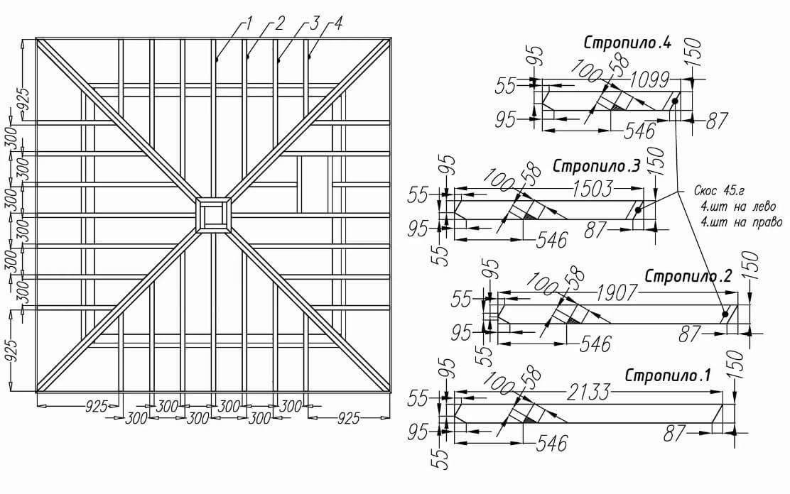 Проект 4х скатной крыши